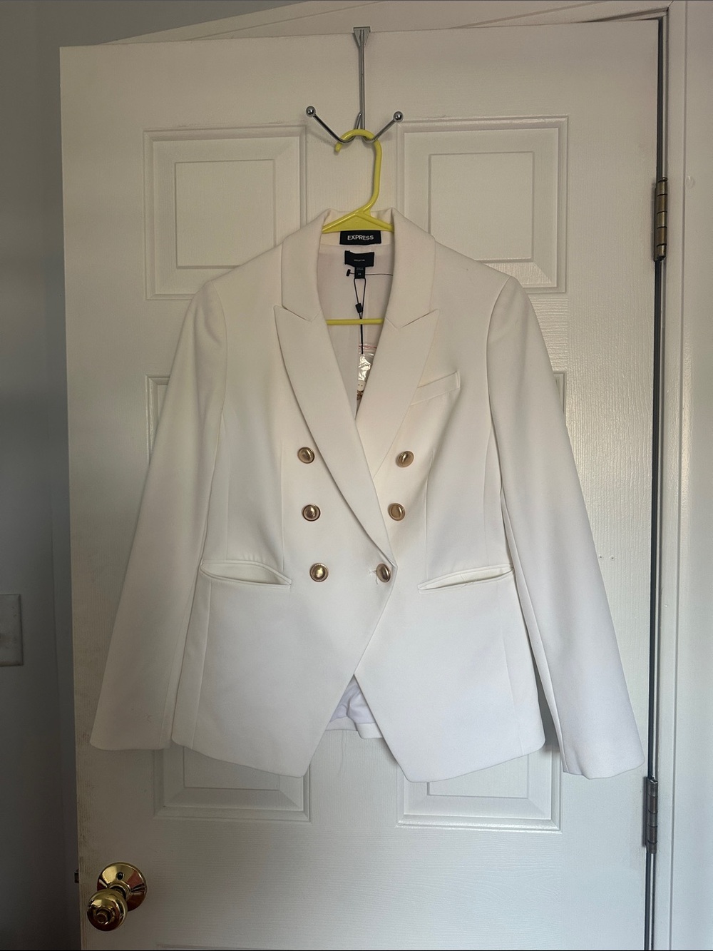 Express Double-Breasted White Blazer with Gold Buttons